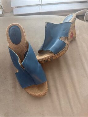 b.o.c. Blue Leather Cork Wedge Mules